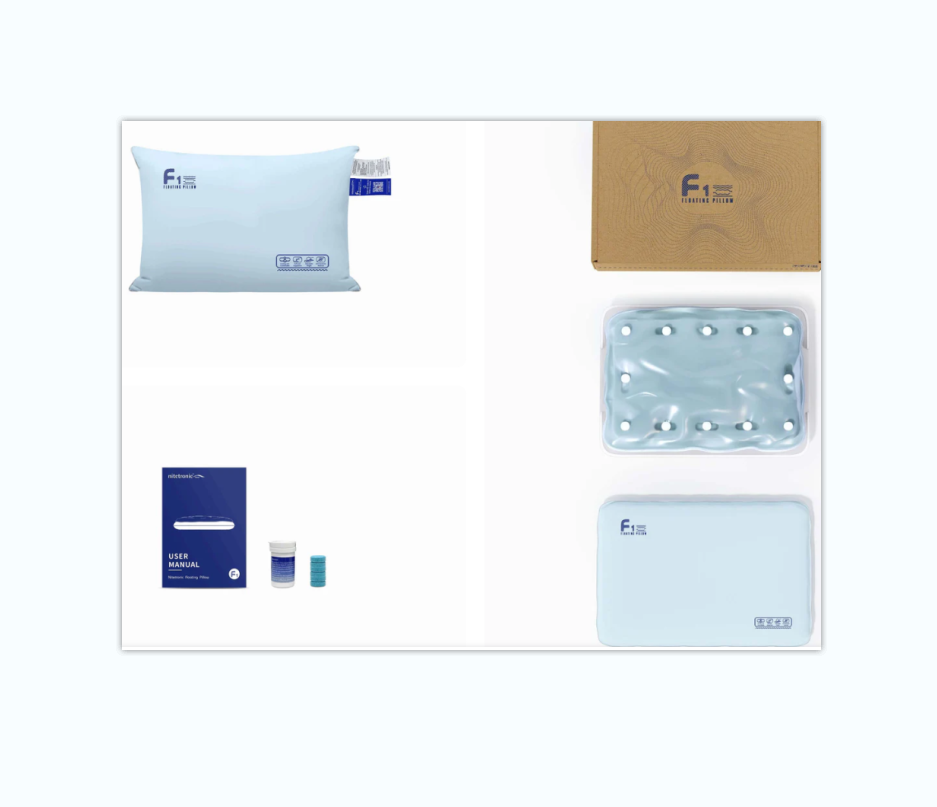 Nitetronic F1 floating pillow package contents with water chamber and accessories

