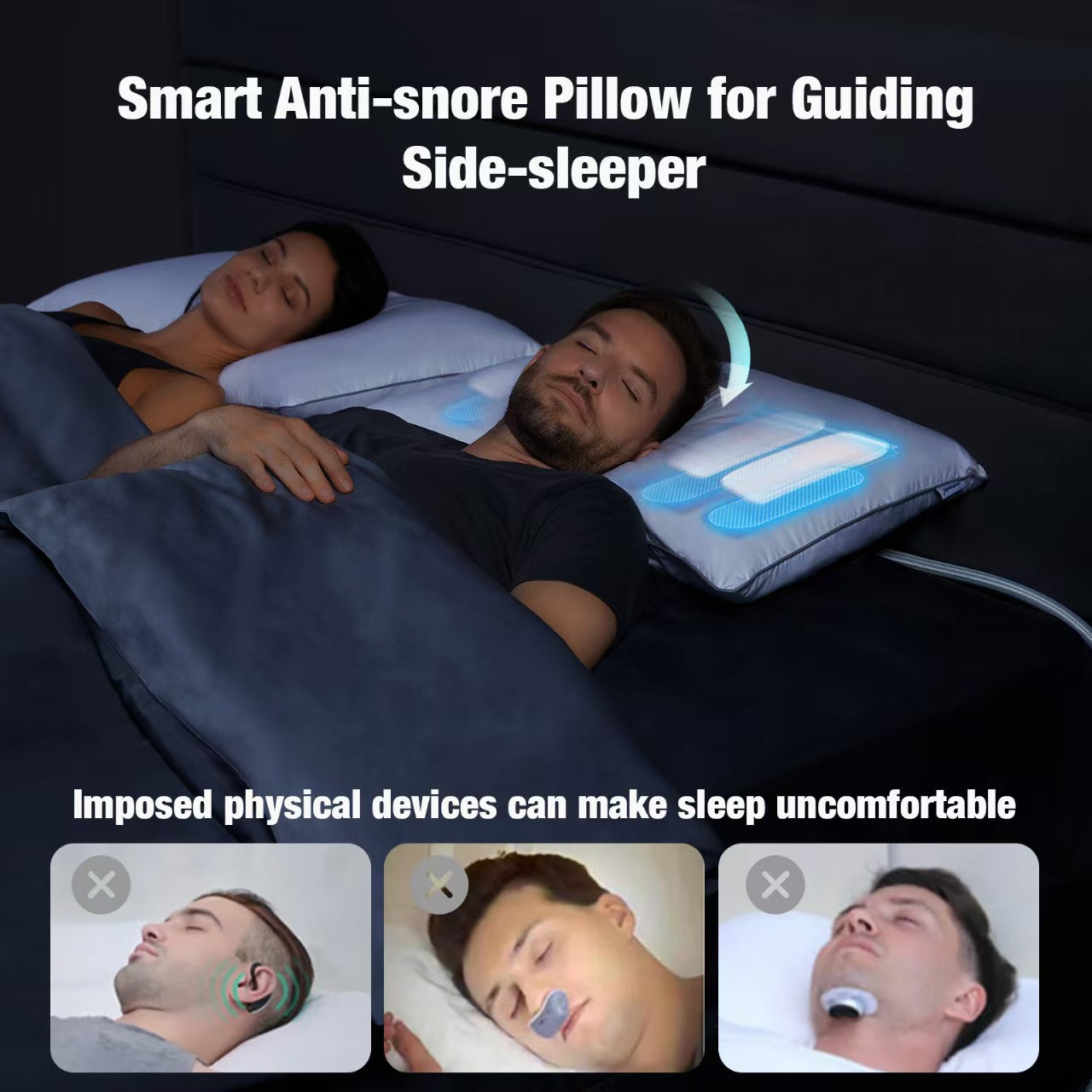 Stop snoring pillow for side sleepers - non-invasive alternative to CPAP and chin straps
