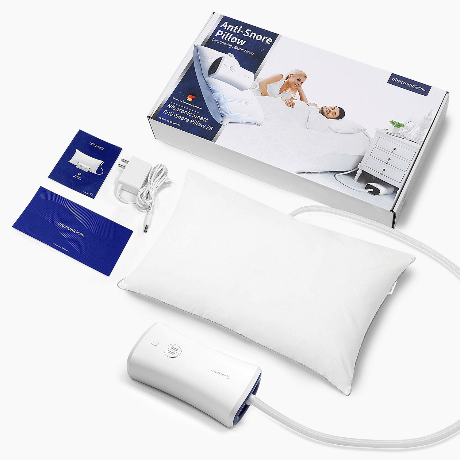 Nitetronic Z6 good pillow for snoring - complete package with pillow, charging cable and user manual
