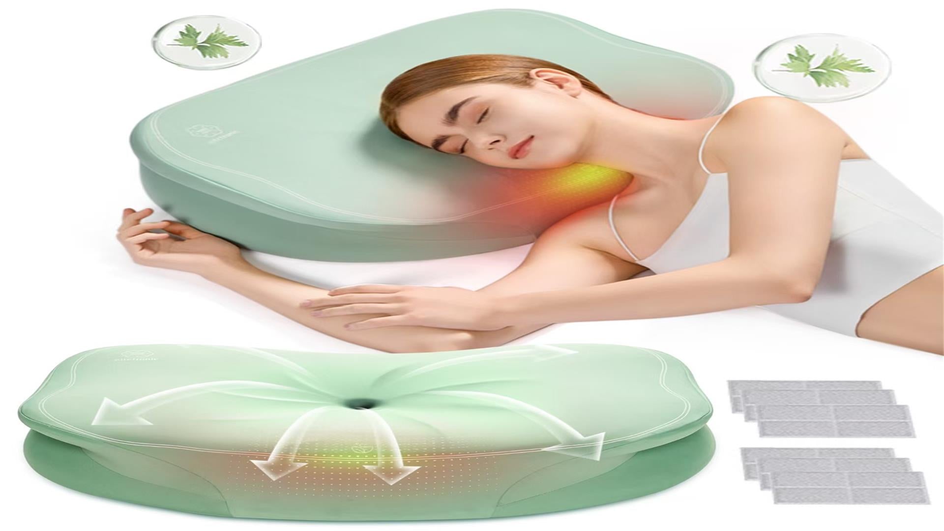 Load video: Memory foam pillow for neck pain - Nitetronic H02 with therapeutic mugwort heating demonstration video